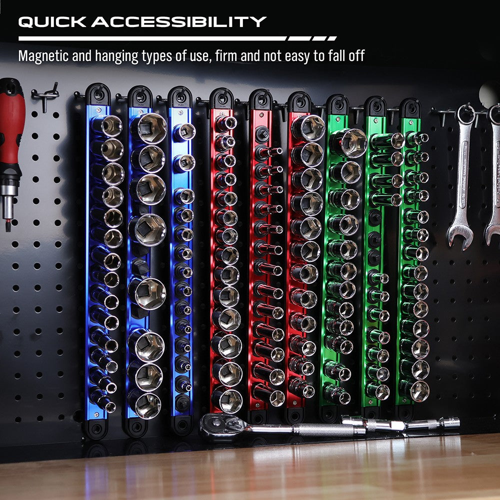 Magnetic Socket Organizer Rail Set with Adjustable Clips for Tool Storage