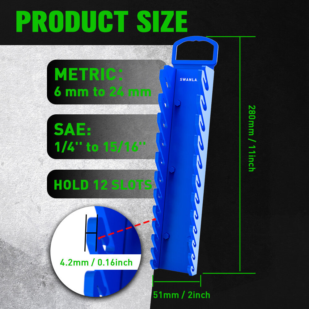 SWANLAKE magnetic wrench organiser with 12 slots and rare-earth magnets, heavy-duty holders for SAE and metric wrenches in red and blue for wall or toolbox mounting