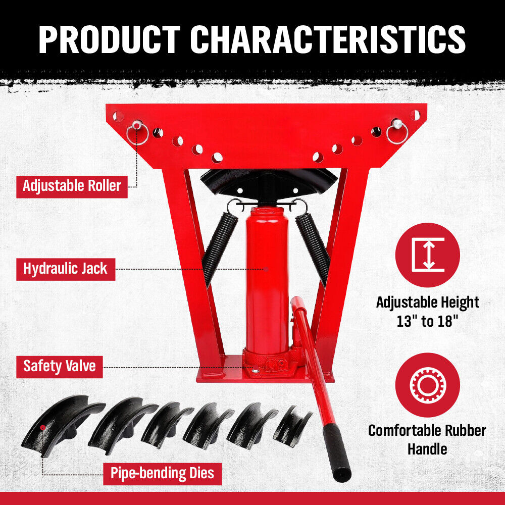 12-ton hydraulic pipe bender with 6-piece die set for precision 90-180 degree bending of steel, aluminum, and copper pipes, ideal for professional metalworking.