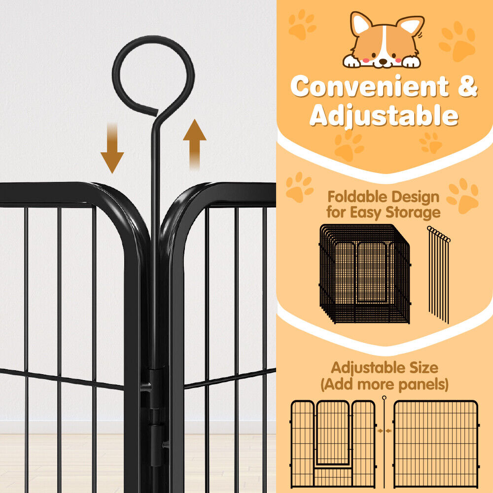 Foldable and adjustable metal pet playpen with 8 panels for indoor and outdoor use, suitable for small to large pets.