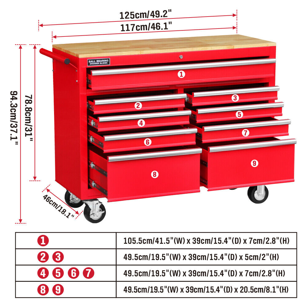 Heavy-duty HORUSDY tool chest cabinet with 42/46-inch width, 8/9 spacious drawers, wooden worktop, and lockable wheels for organized and mobile tool storage