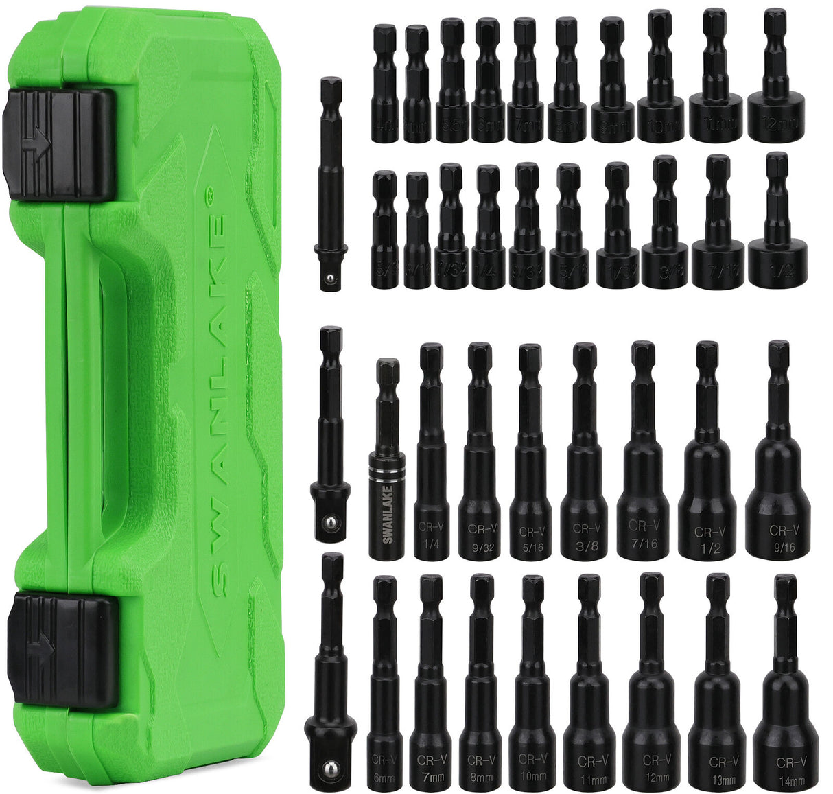 39-piece magnetic nut driver set with CR-V steel in green case, includes hex bit sockets and adapters for drills and screwdrivers