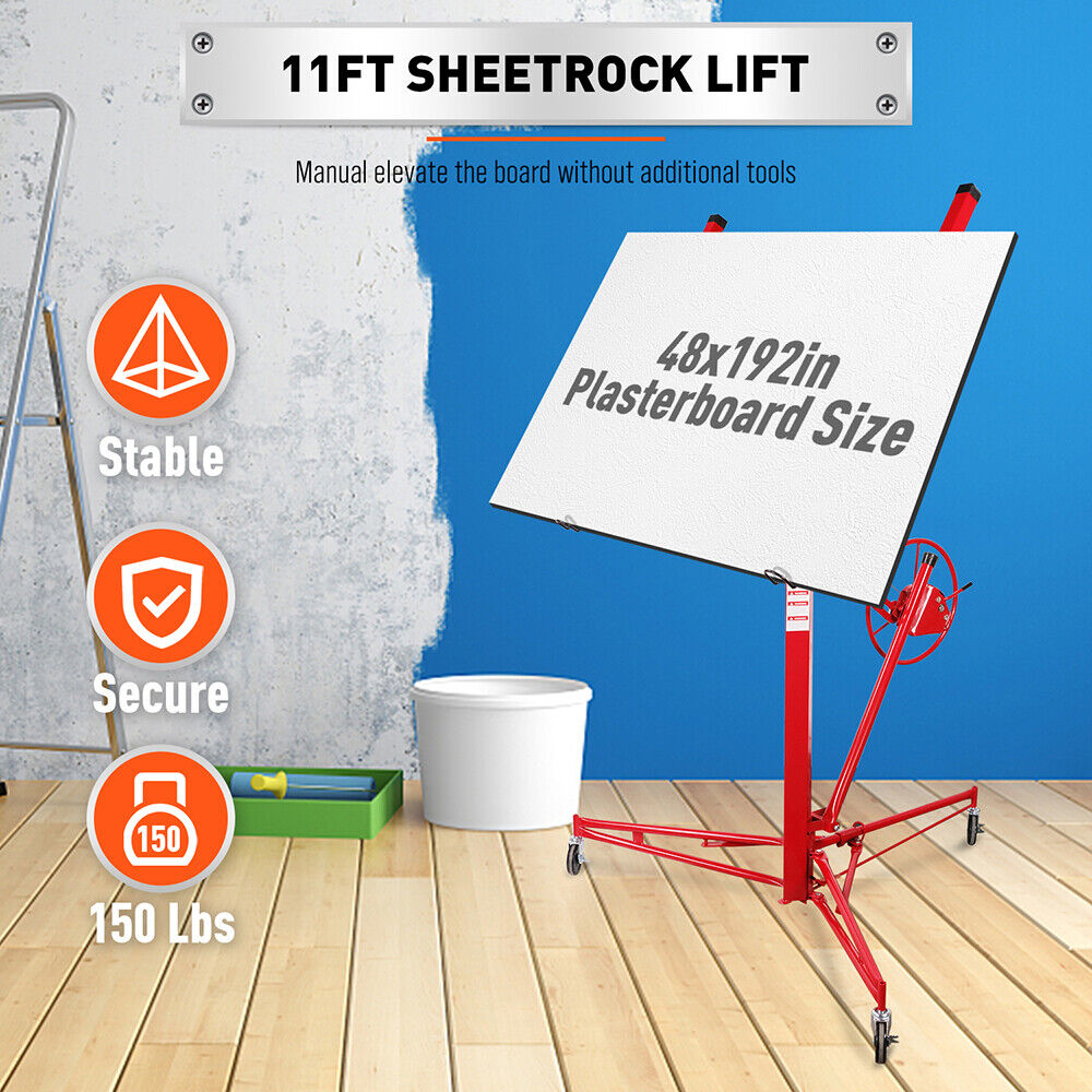 11-foot sheet panel lifter for plaster, drywall, and gyprock panels, featuring a sturdy red steel frame with adjustable height and lockable wheels for easy maneuverability.