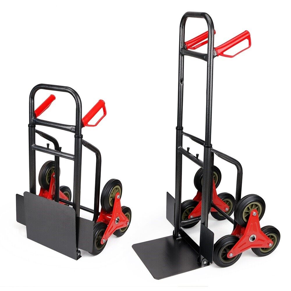 Folding stair climber hand truck with 440 lbs capacity, featuring tri-wheel design, adjustable height, and foldable frame for easy transport.