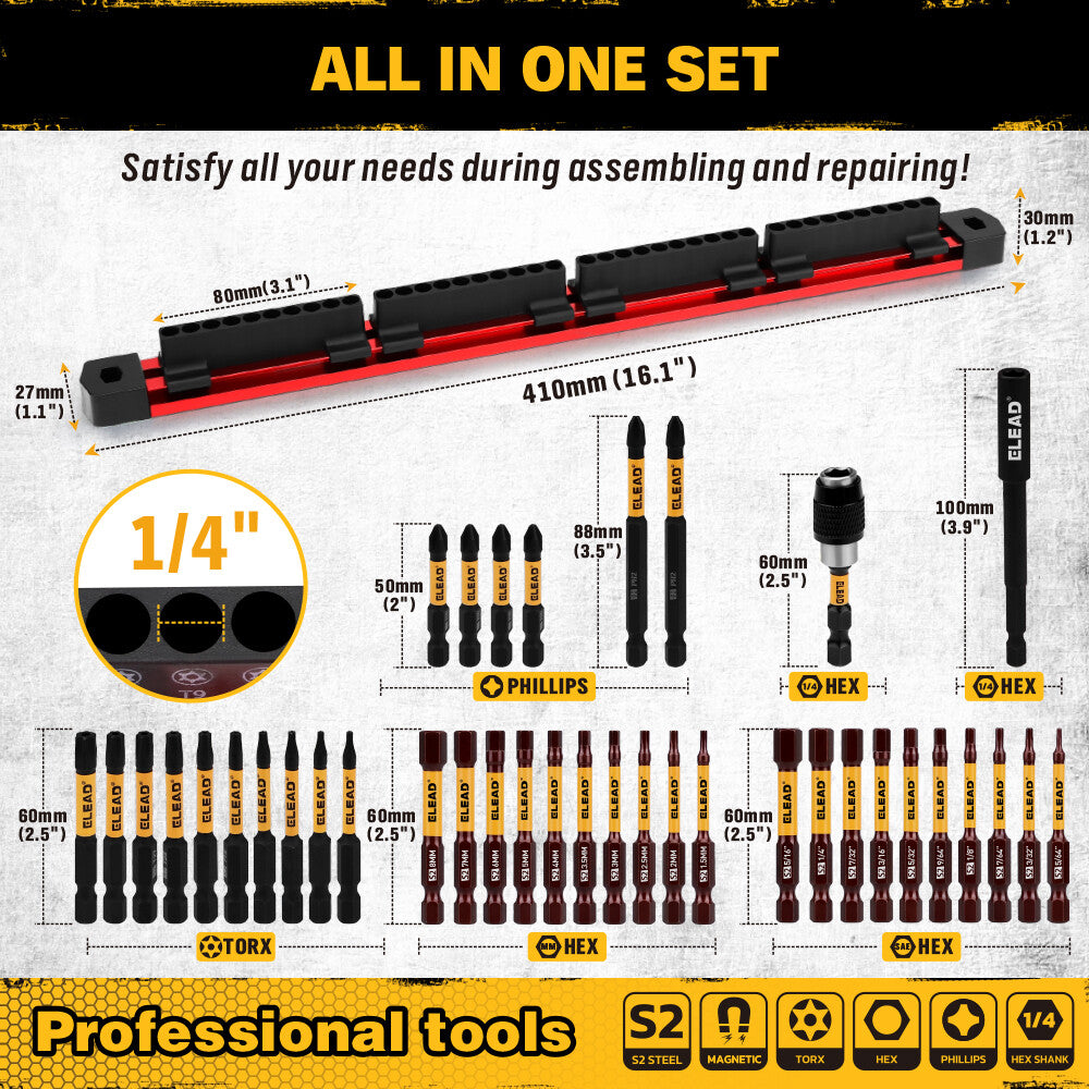 ELEAD 38-piece magnetic screwdriver bit set with storage rail and S2 steel bits
