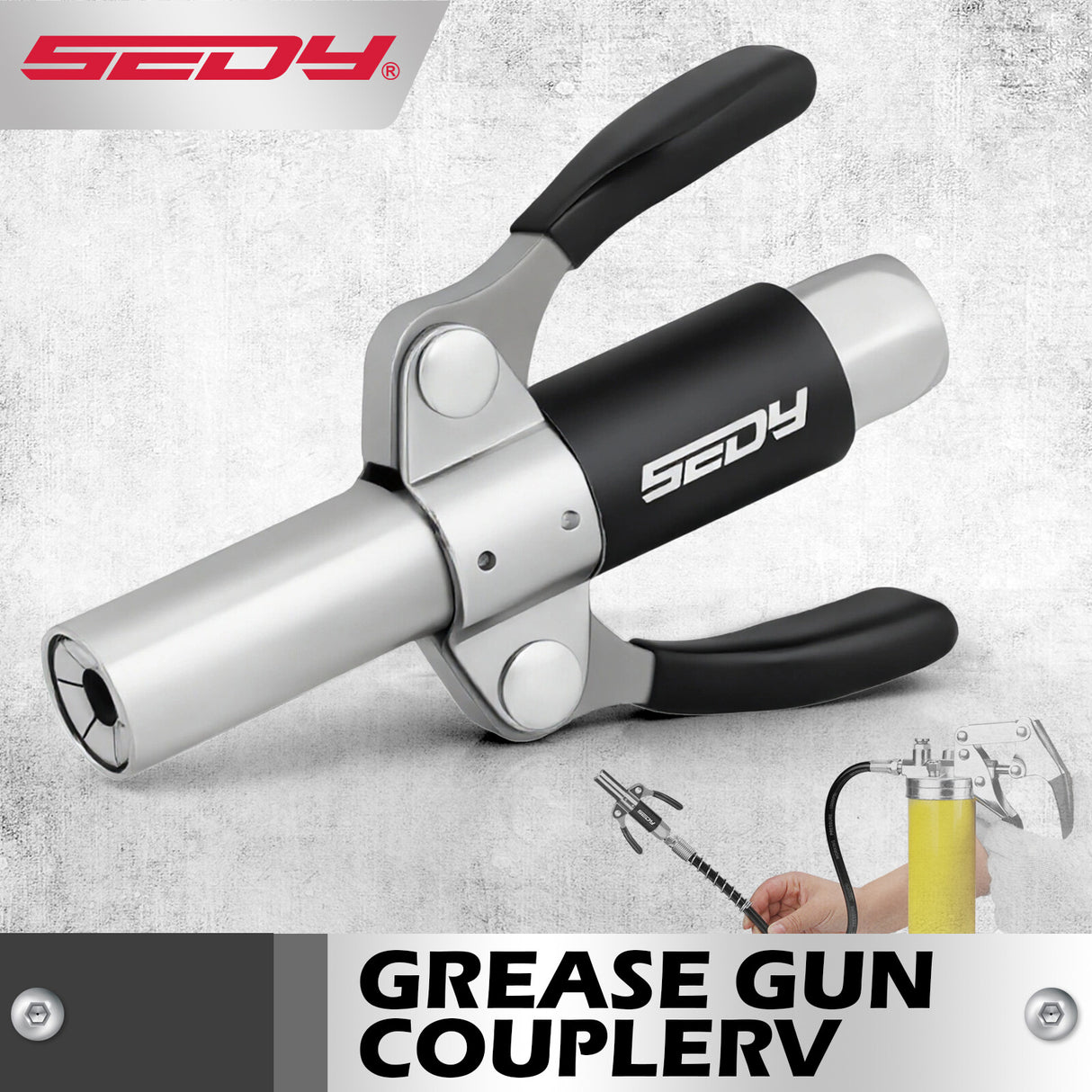 HORUSDY self-locking grease coupler with dual handle, 6-jaw reinforced design, supports M6 to M14 fittings, for high-pressure lubrication up to 14000 PSI