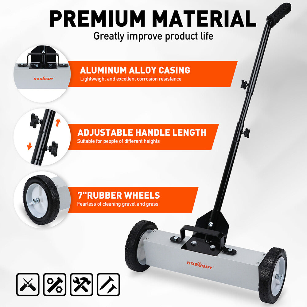 Magnetic sweeper with adjustable handle, 20-inch width, and quick-release feature for easy metal debris collection.
