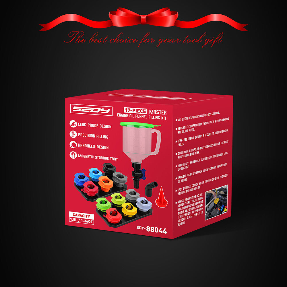 17-piece engine oil funnel kit with colour-coded adapters, magnetic tray and leak-proof 1.5L funnel for easy vehicle oil changes