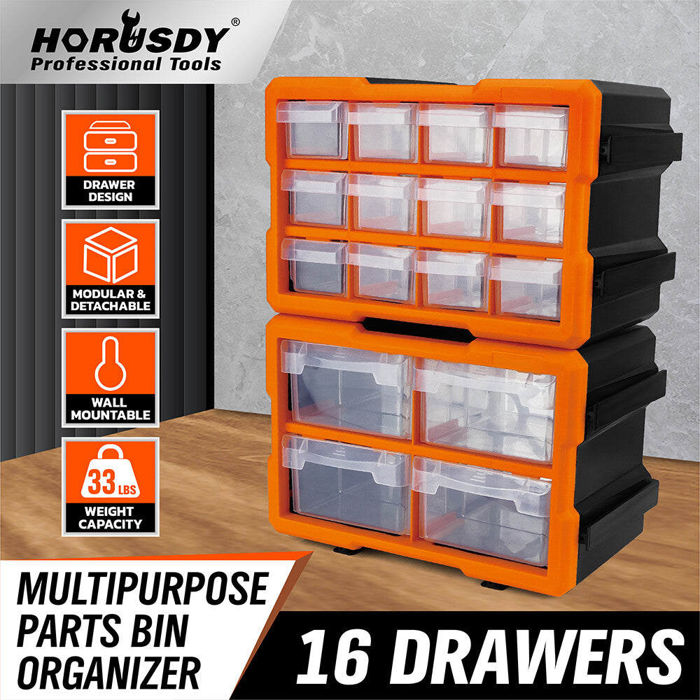 Wall-mountable modular parts organizer with 16 drawers for garage tools and hardware storage - HORUSDY Professional Tools Australia