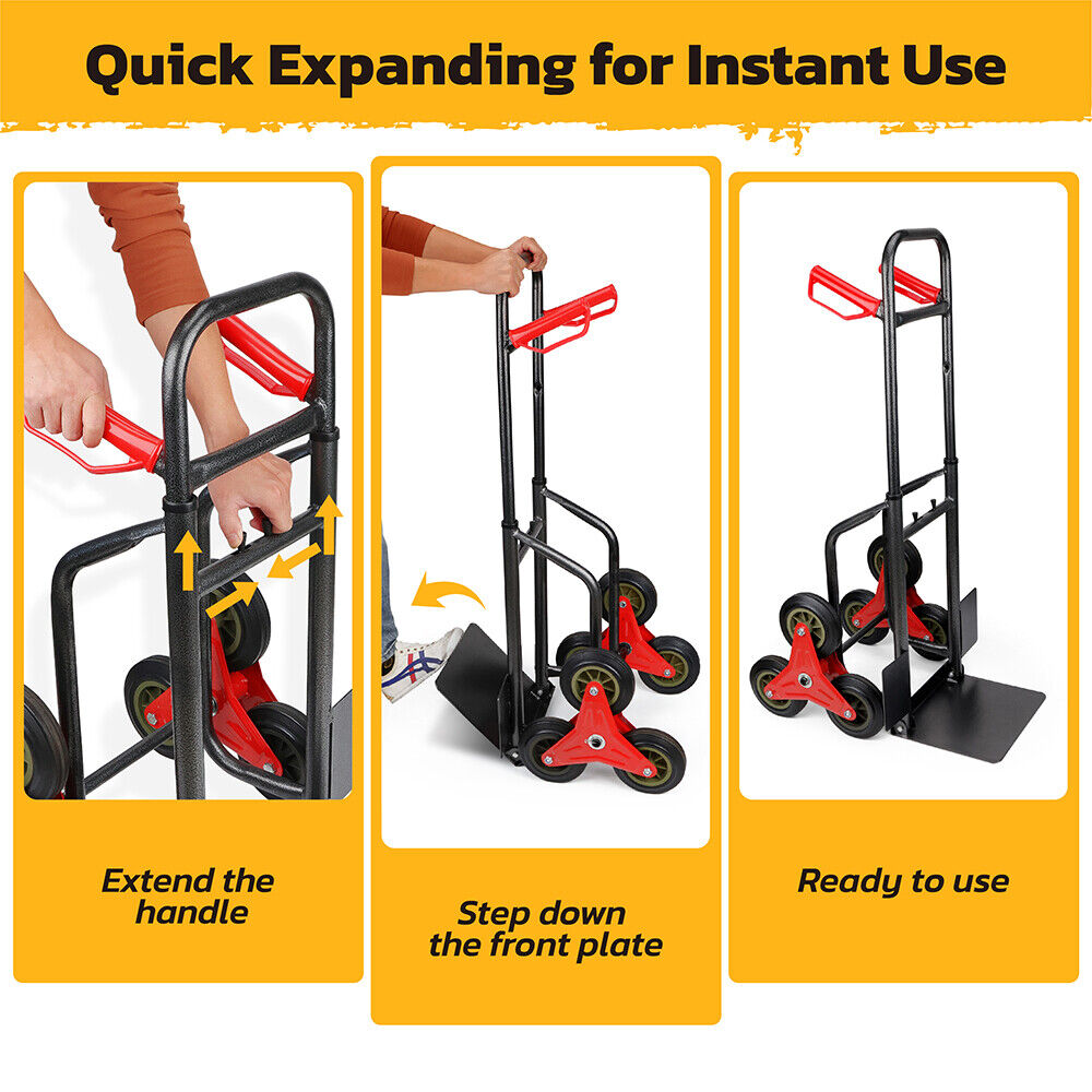 Folding stair climber hand truck with 440 lbs capacity, featuring tri-wheel design, adjustable height, and foldable frame for easy transport.