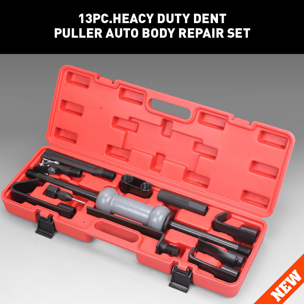 13-piece heavy-duty dent puller kit with slide hammer, durable chrome-vanadium steel construction, and blow-molded case for easy auto body repair.
