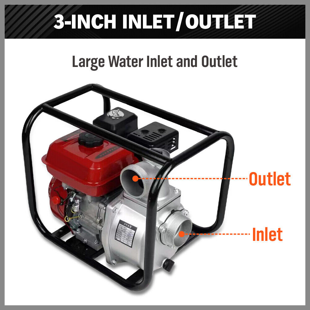 Gasoline water pump with 6.5HP engine, 60m³/h flow rate, 3-inch outlet, perfect for large-scale irrigation and water transfer.