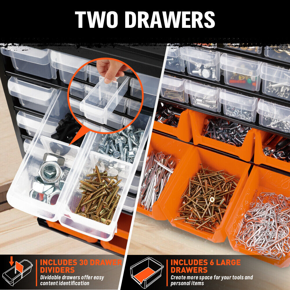 Wall mount 36 drawer parts organiser with clear and orange bins for screws, tools, and hardware storage