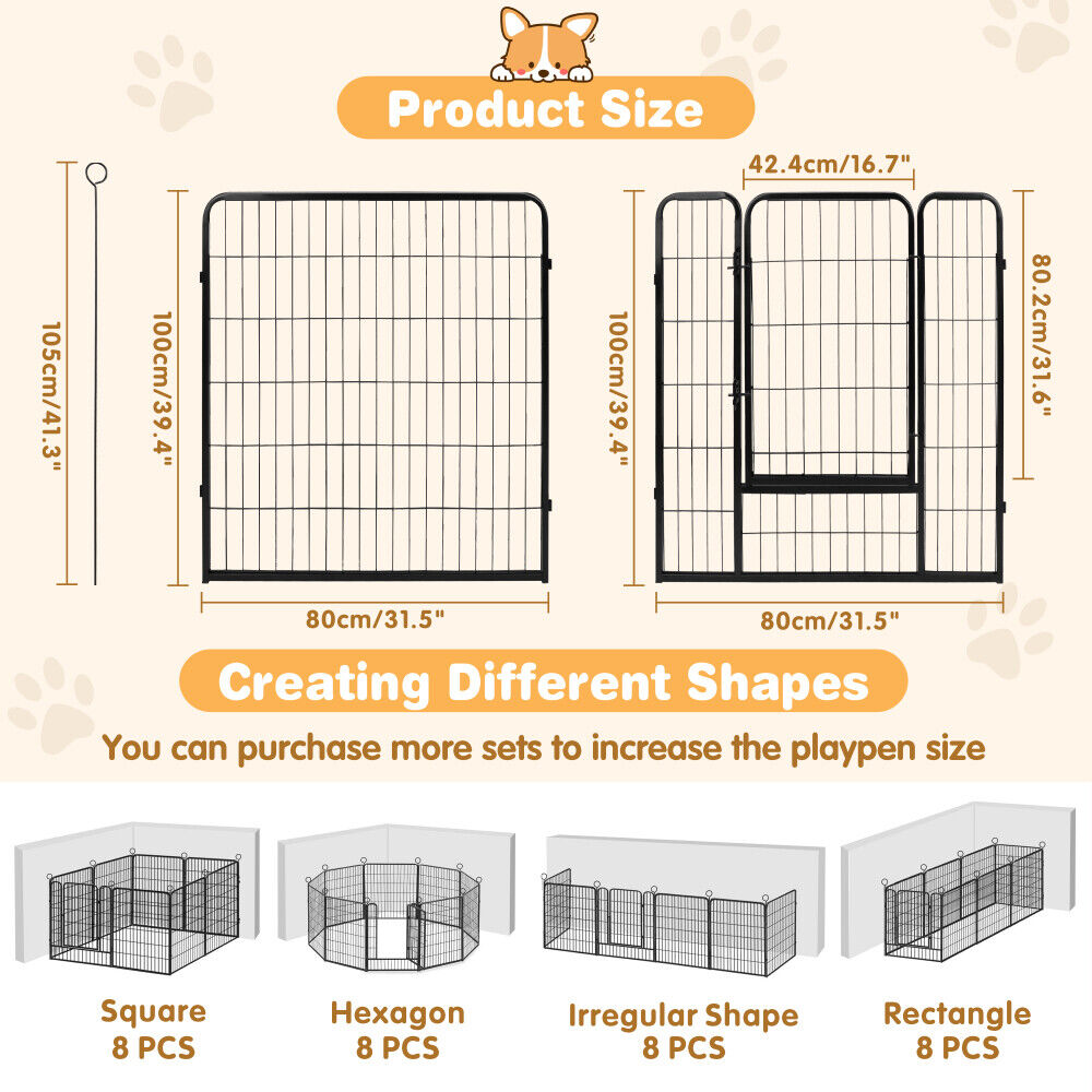 Foldable and adjustable metal pet playpen with 8 panels for indoor and outdoor use, suitable for small to large pets.