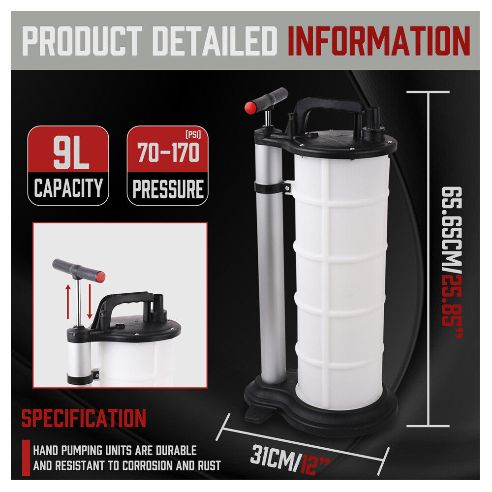 HORUSDY 9L oil extractor pump with hand pump, polypropylene tank and multiple hose sizes for engine oil, brake fluid and vehicle fluid extraction