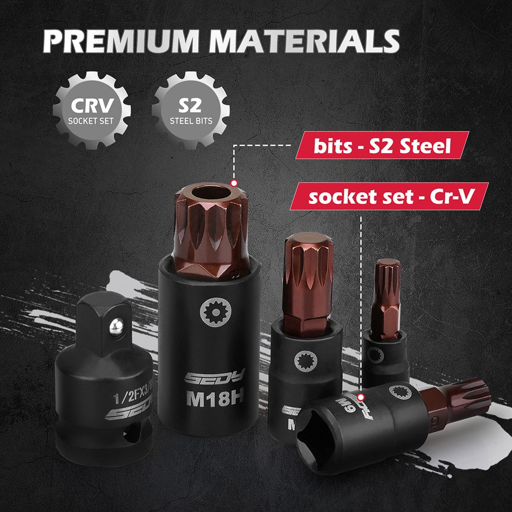 HORUSDY 13-piece triple square spline bit socket set with CR-V sockets, S2 bits, and a magnetic storage rail for mechanics and DIY use