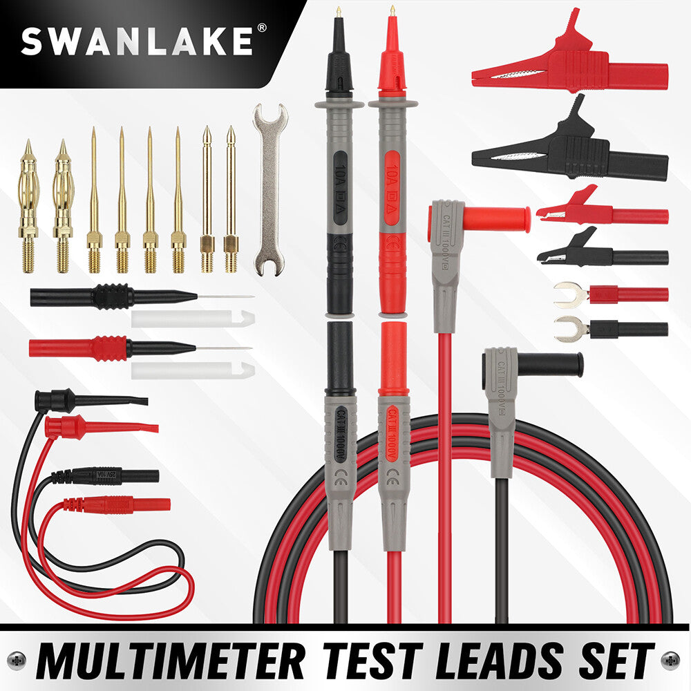 SWANLAKE 27-piece multimeter test lead kit with high-temp silicone wires, alligator clips, replaceable gold probes, and complete electronic diagnostic accessories.