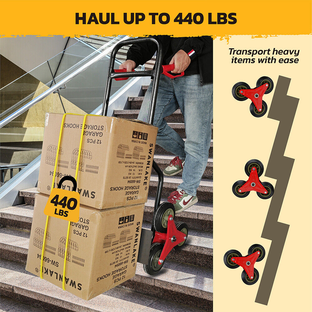 Folding stair climber hand truck with 440 lbs capacity, featuring tri-wheel design, adjustable height, and foldable frame for easy transport.