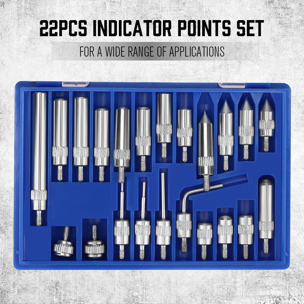 Precision dial indicator gauge set with magnetic base and 22 tip attachments for CNC, machining, alignment, and measuring applications