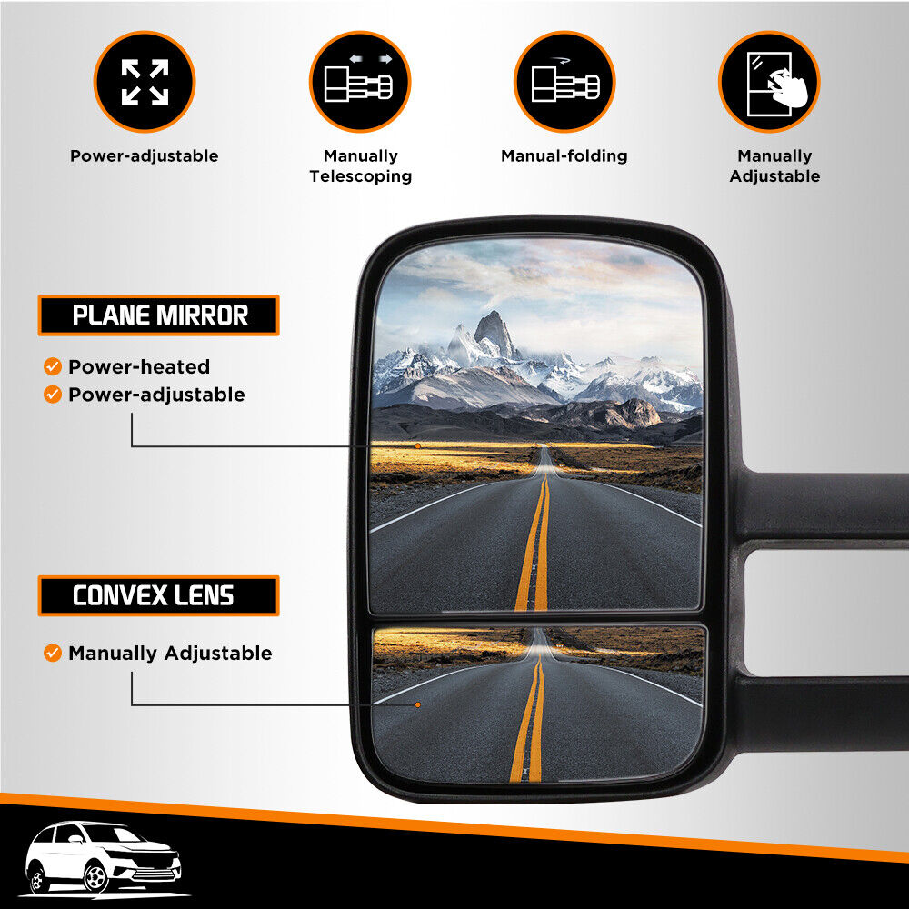 Manual fold extendable tow mirrors for Toyota Land Cruiser 70-79 series (1984-2022), dual glass with black textured finish