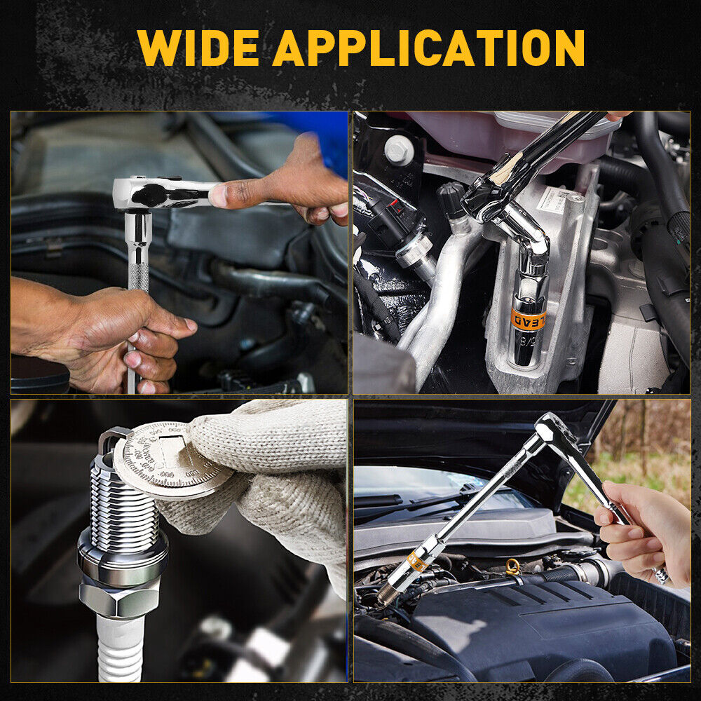 12-piece 3/8" drive socket accessory set with CR-V steel, 6-point design, includes extension bars, universal joint, spark plug gapper, and ratchet handle.