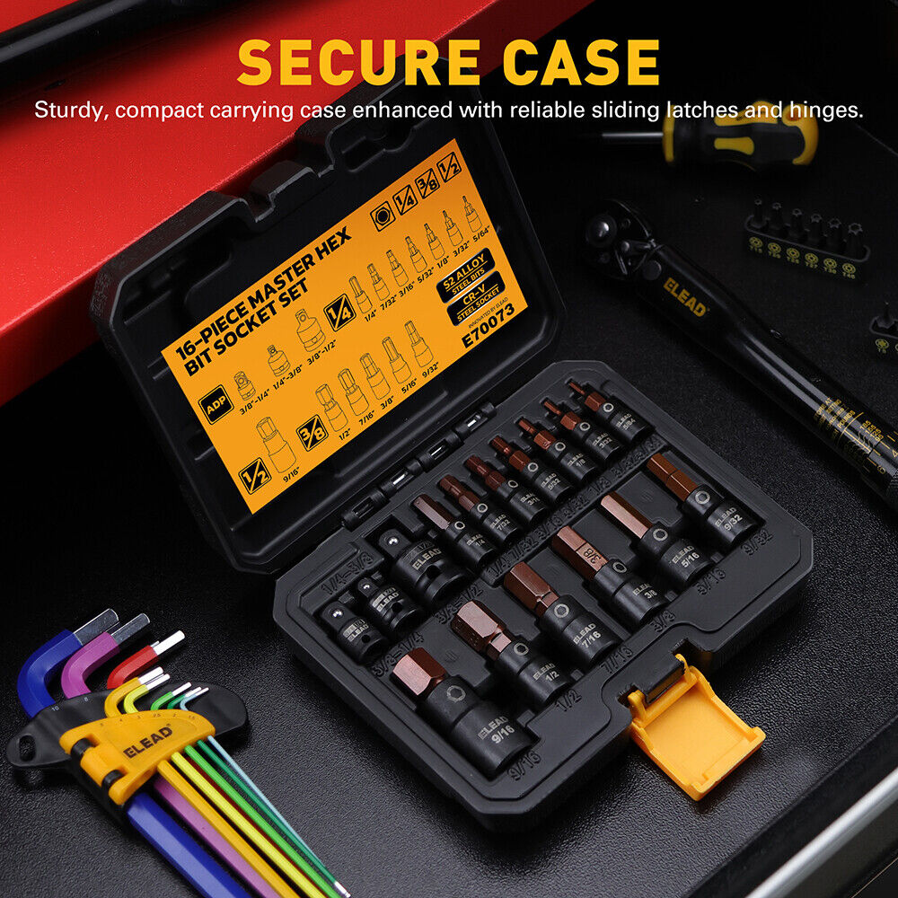 ELEAD 16-piece hex bit socket set with S2 alloy steel bits and CR-V steel sockets, perfect for automotive and industrial tasks.