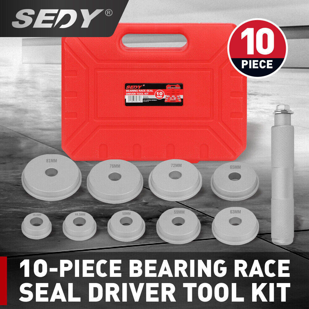 10-piece bearing race and seal driver tool kit with durable aluminum adapters, ideal for installing wheel bearings and seals in automotive repairs.