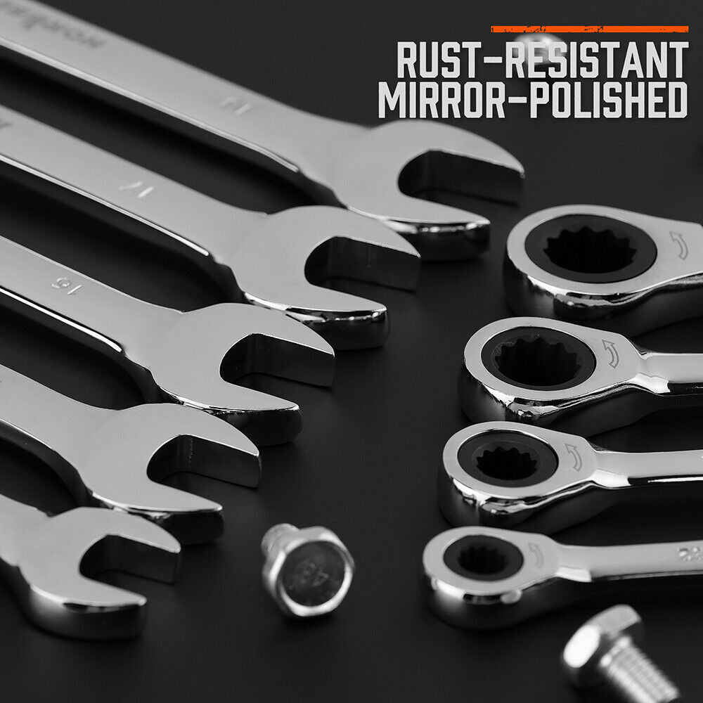 Complete set of 24 HORUSDY ratcheting combination spanners in metric and SAE sizes, showcased with a durable storage case