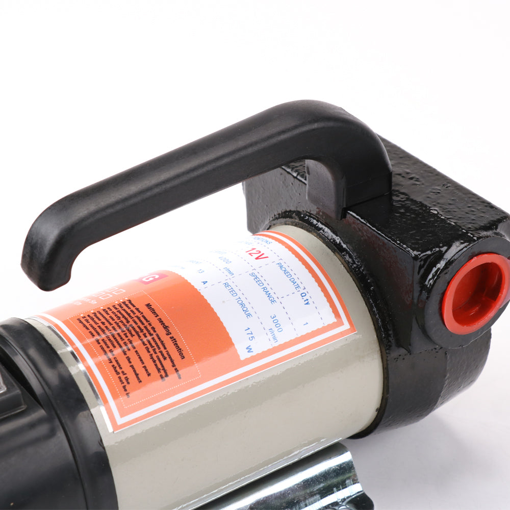 12V electric diesel fuel transfer pump kit with accessories including clamps, connectors, filter, and self-priming portable design