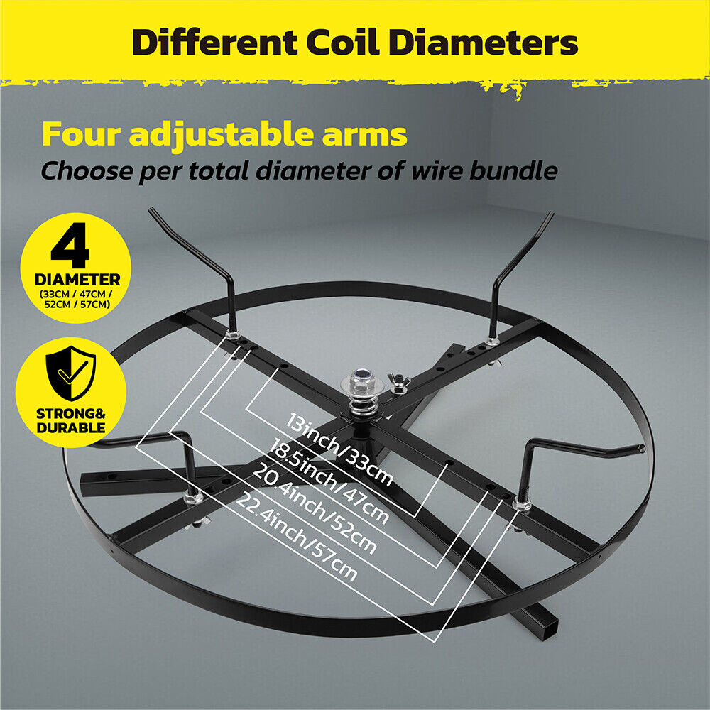Wire spinner with 360° rotation, adjustable arms for varying coil diameters (33cm to 57cm), and 440 lbs weight capacity. Durable and stable for wire management.