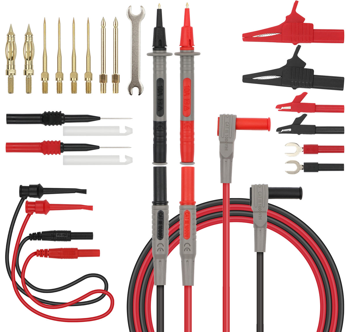 SWANLAKE 27-piece multimeter test lead kit with high-temp silicone wires, alligator clips, replaceable gold probes, and complete electronic diagnostic accessories.