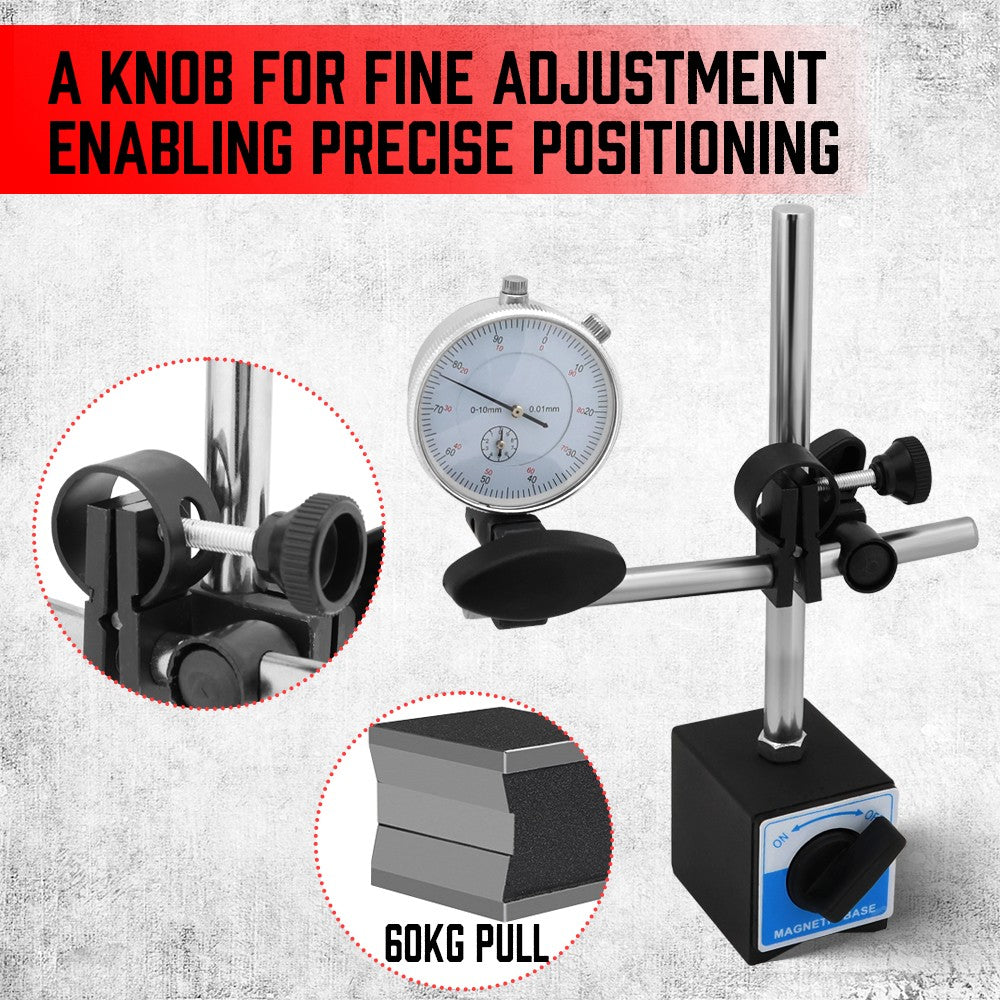 Precision dial indicator gauge set with magnetic base and 22 tip attachments for CNC, machining, alignment, and measuring applications