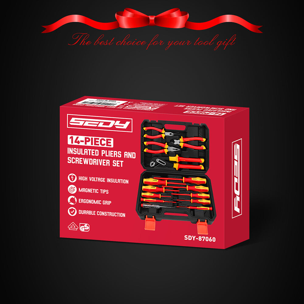 14-piece insulated pliers and screwdriver set with VDE certification, magnetic tips, ergonomic handles and 1000V safety rating for electricians