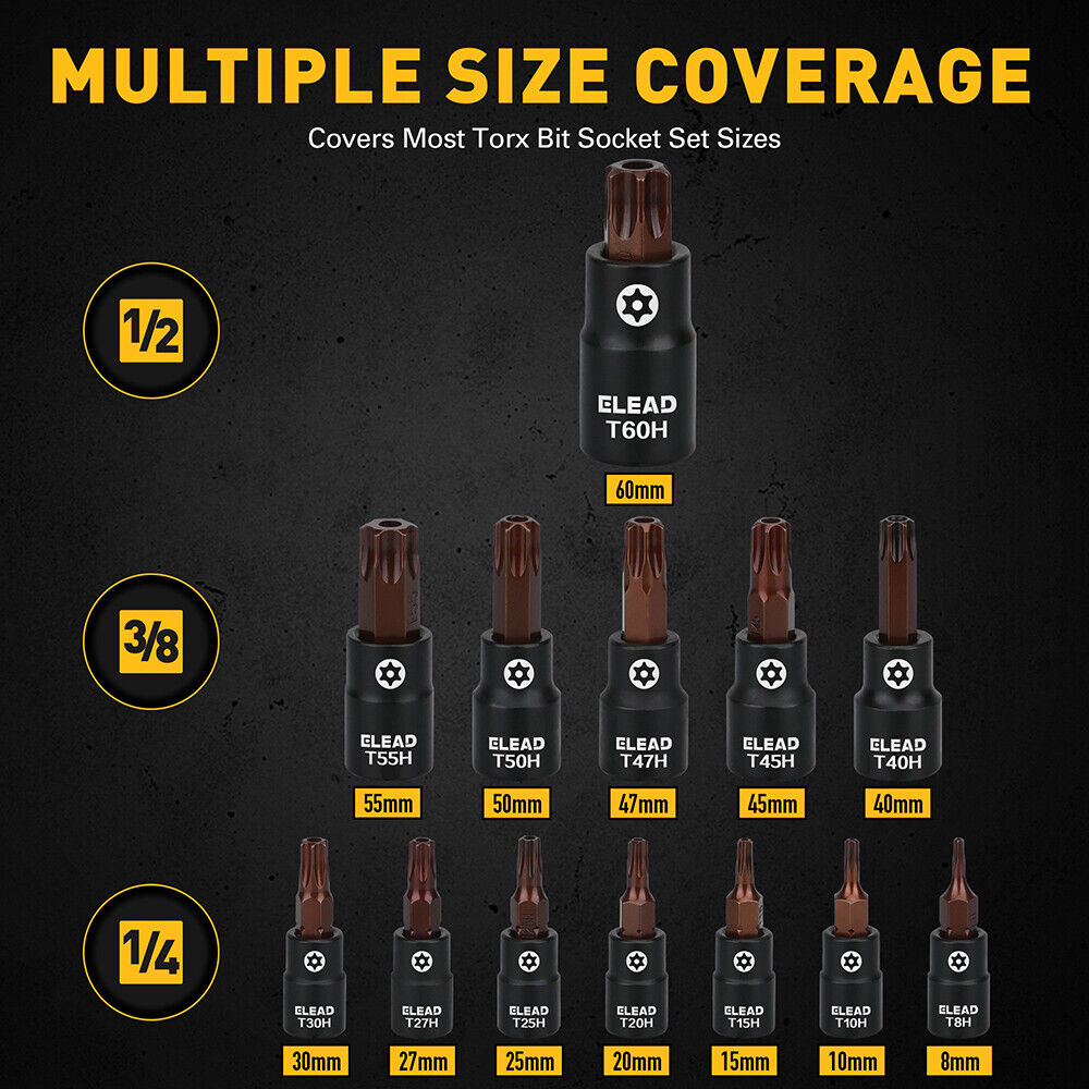 16-piece Torx bit socket set with S2 steel and CR-V, includes 1/4", 3/8", and 1/2" drive sizes, ideal for automotive and mechanical work