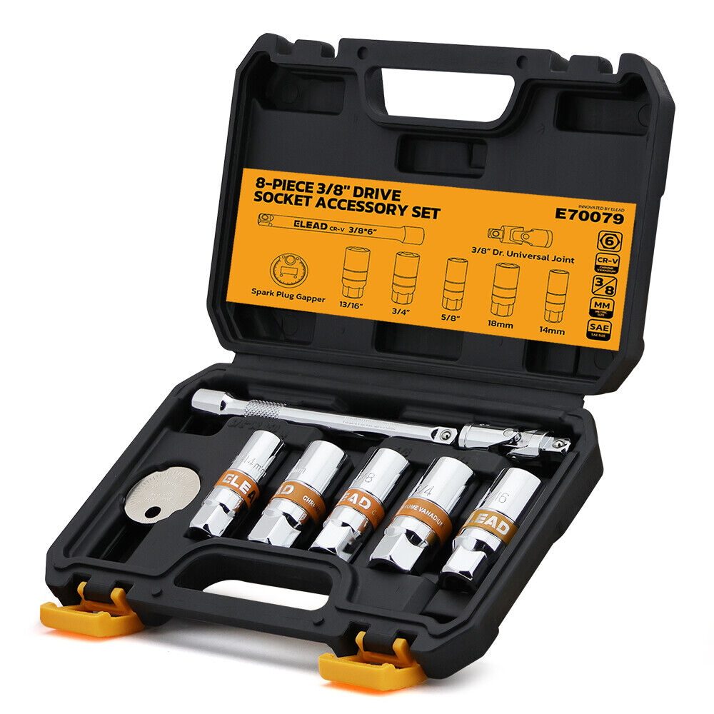 8-piece 3/8" drive socket accessory set with CR-V steel, 6-point design, includes spark plug gapper, extension bar, and universal joint for versatile use.