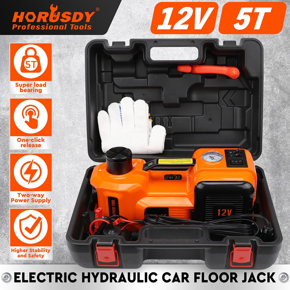 5T 12V Electric Hydraulic Car Jack Set with Built-in Tire Inflator Pump, LED Light, and Accessories