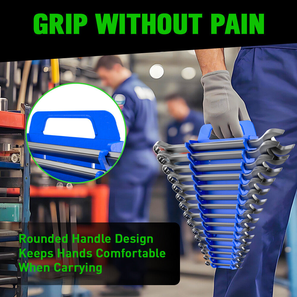 Magnetic wrench organiser set with red and blue 15-slot holders for wall or toolbox mounting, heavy-duty design with strong rare-earth magnets