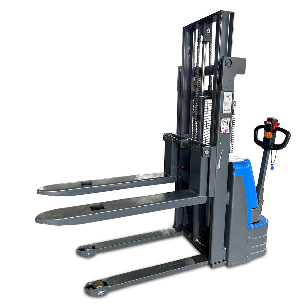 Battery-powered walkie stacker with 2.5m lift height and 1500kg load capacity. Ideal for efficient material handling in warehouses, featuring ergonomic design, easy maneuverability, and high lifting performance.