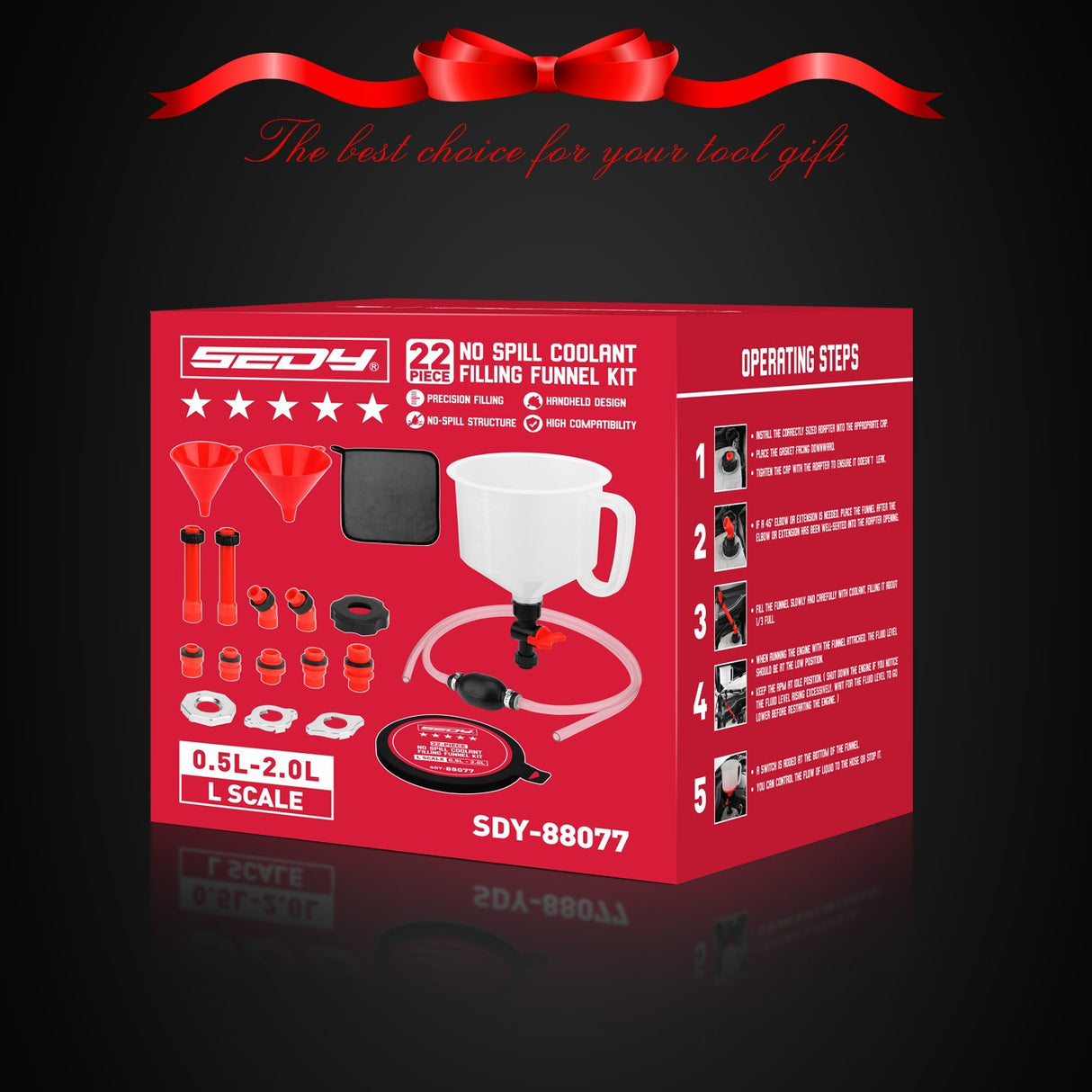 Non-spill coolant filling funnel kit with universal adapters, siphon hose pump, and precise filling features, designed for automotive and machinery use.