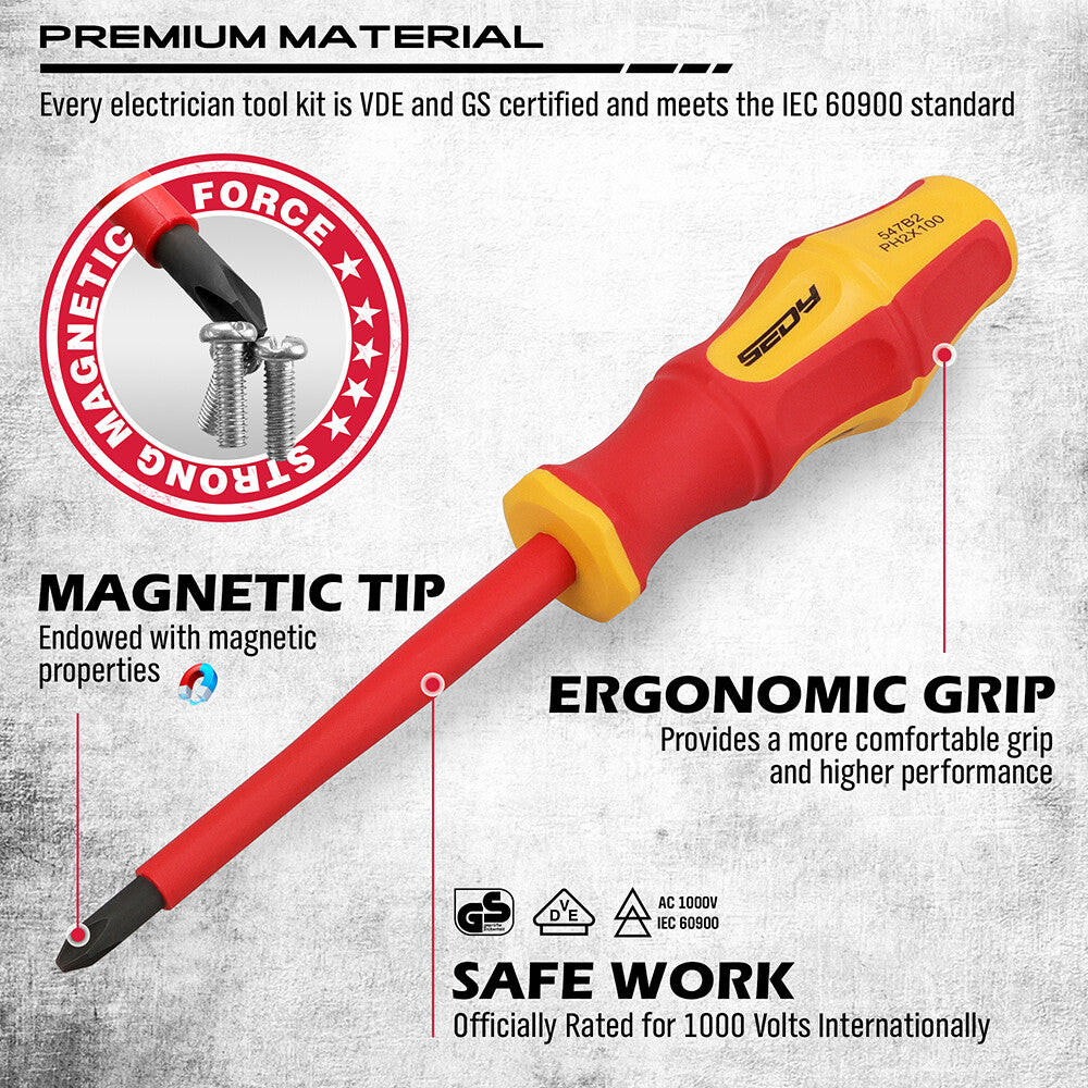 14-piece insulated pliers and screwdriver set with VDE certification, magnetic tips, ergonomic handles and 1000V safety rating for electricians