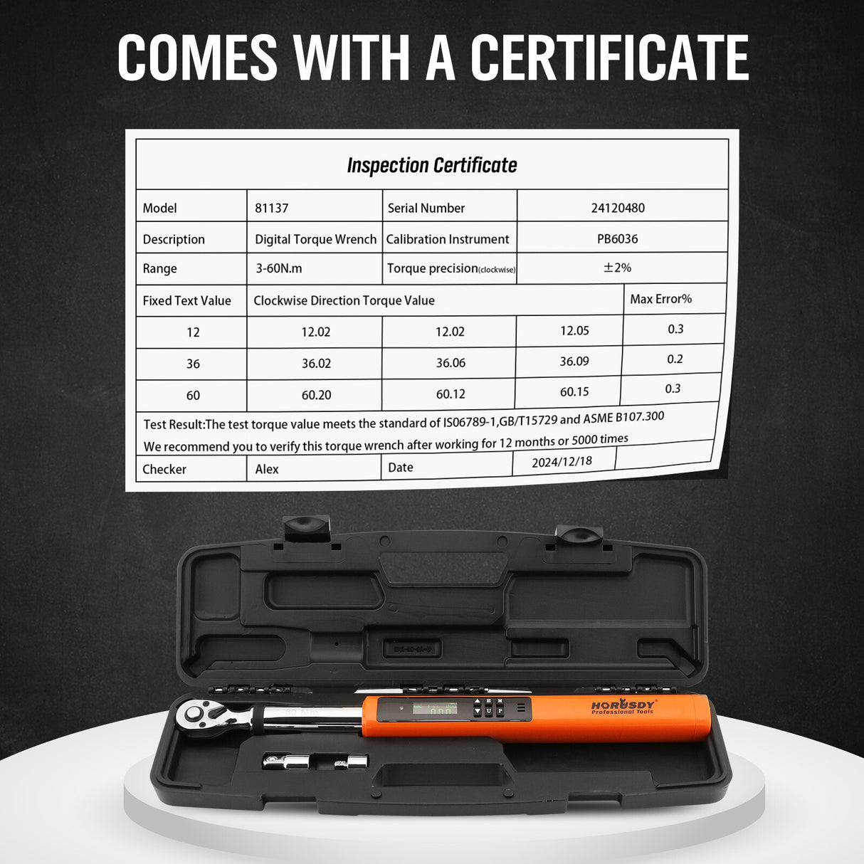 Professional digital torque wrench with bidirectional measurement, 4-unit switching & ISO-certified calibration - HORUSDY Tools Australia