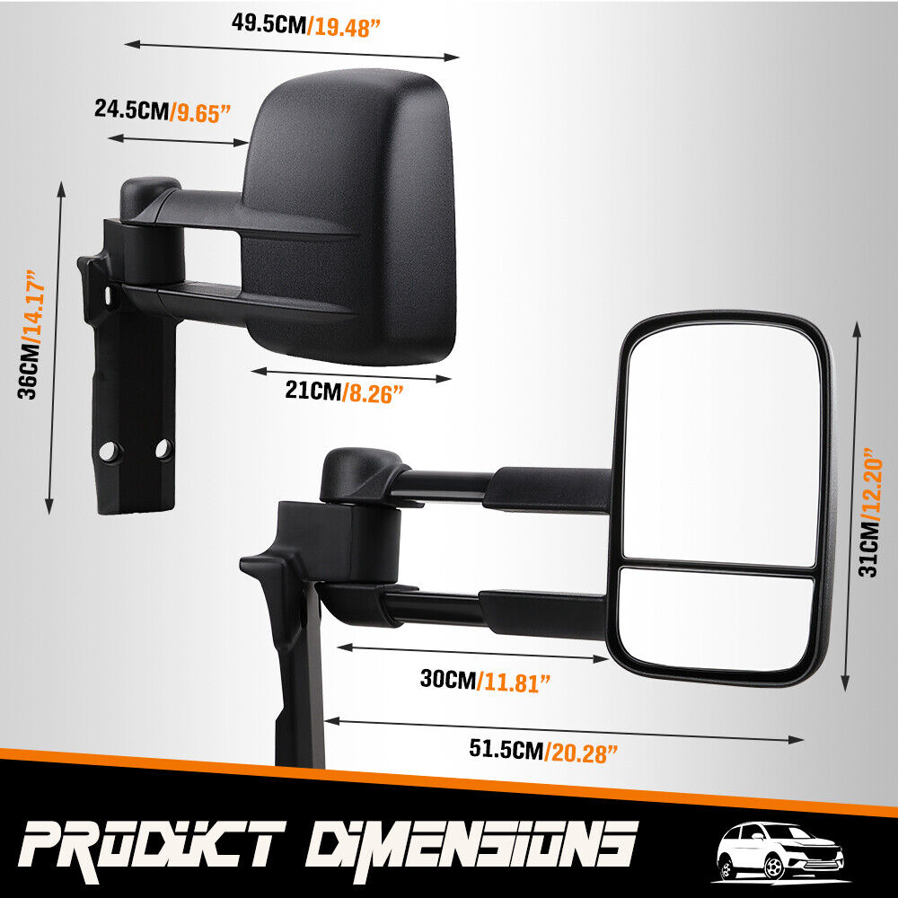 Manual fold extendable tow mirrors for Toyota Land Cruiser 70-79 series (1984-2022), dual glass with black textured finish