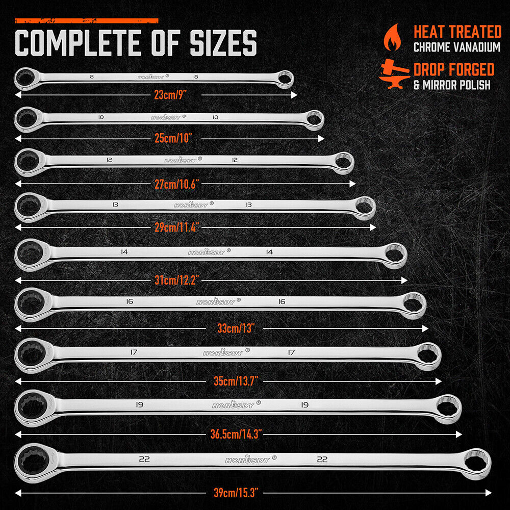 Professional 9-piece ratcheting wrench set with 72-tooth mechanism, rust-resistant polish & extra-long handles - HORUSDY Australia