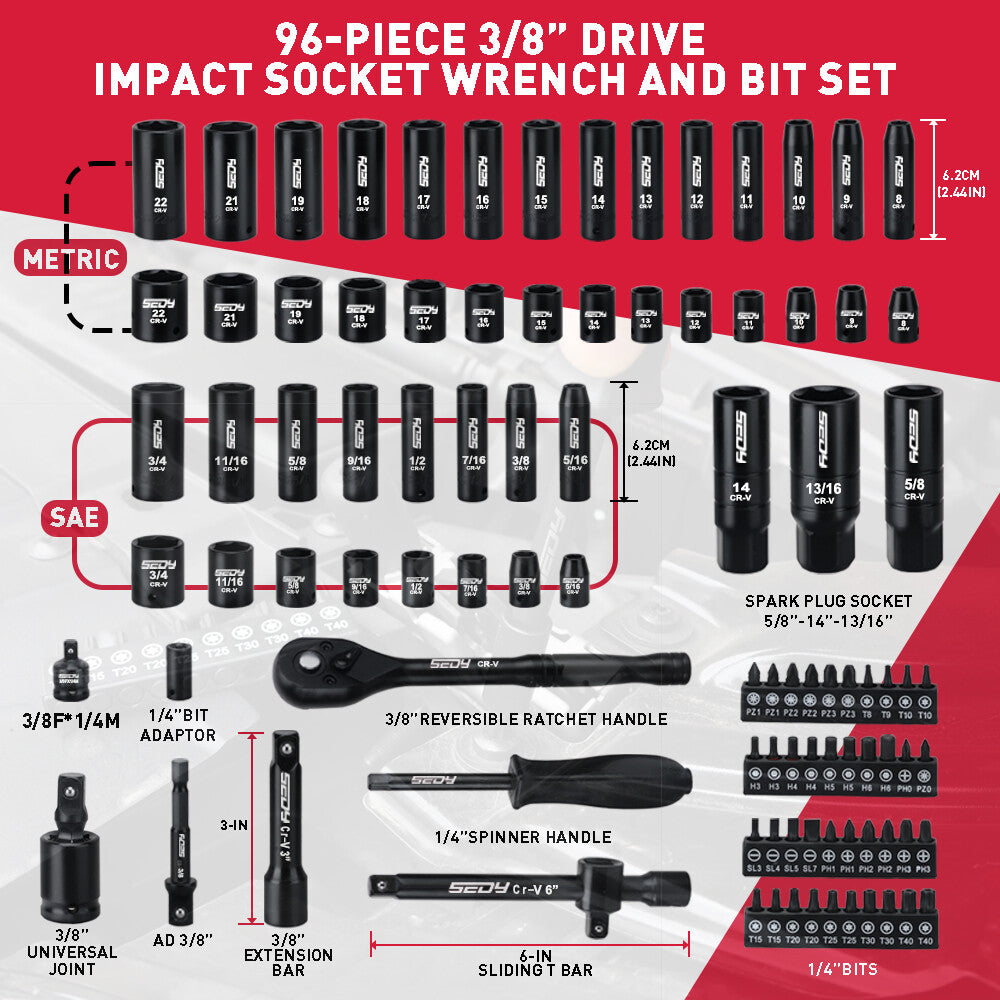 SEDY 96-piece 3/8-inch drive impact socket set with SAE & metric sizes, screwdriver bits, extension bar, and universal joint in case