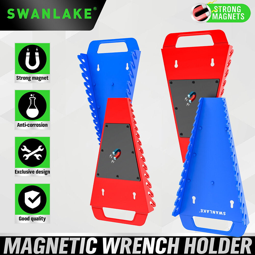 Set of four SWANLAKE magnetic wrench organisers with 15 slots each in red and blue, heavy-duty holders with strong magnets for wall or toolbox use