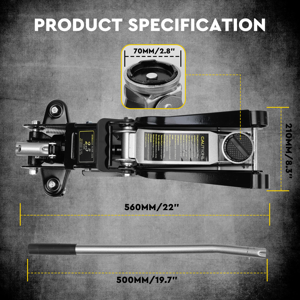 HORUSDY 2.5-ton hydraulic floor trolley jack with steel casters, large saddle, wide lift range, and carry handle for car repair and tyre replacement.