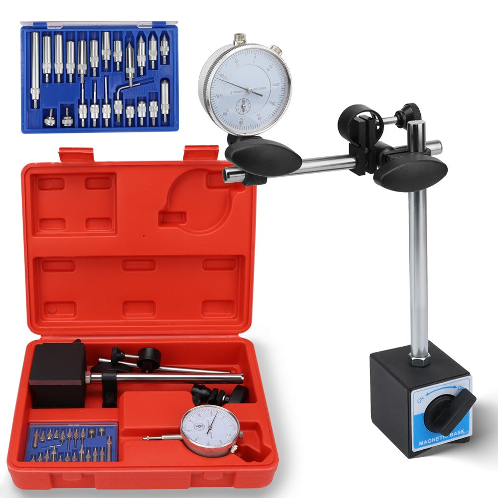 Precision dial indicator gauge set with magnetic base and 22 tip attachments for CNC, machining, alignment, and measuring applications