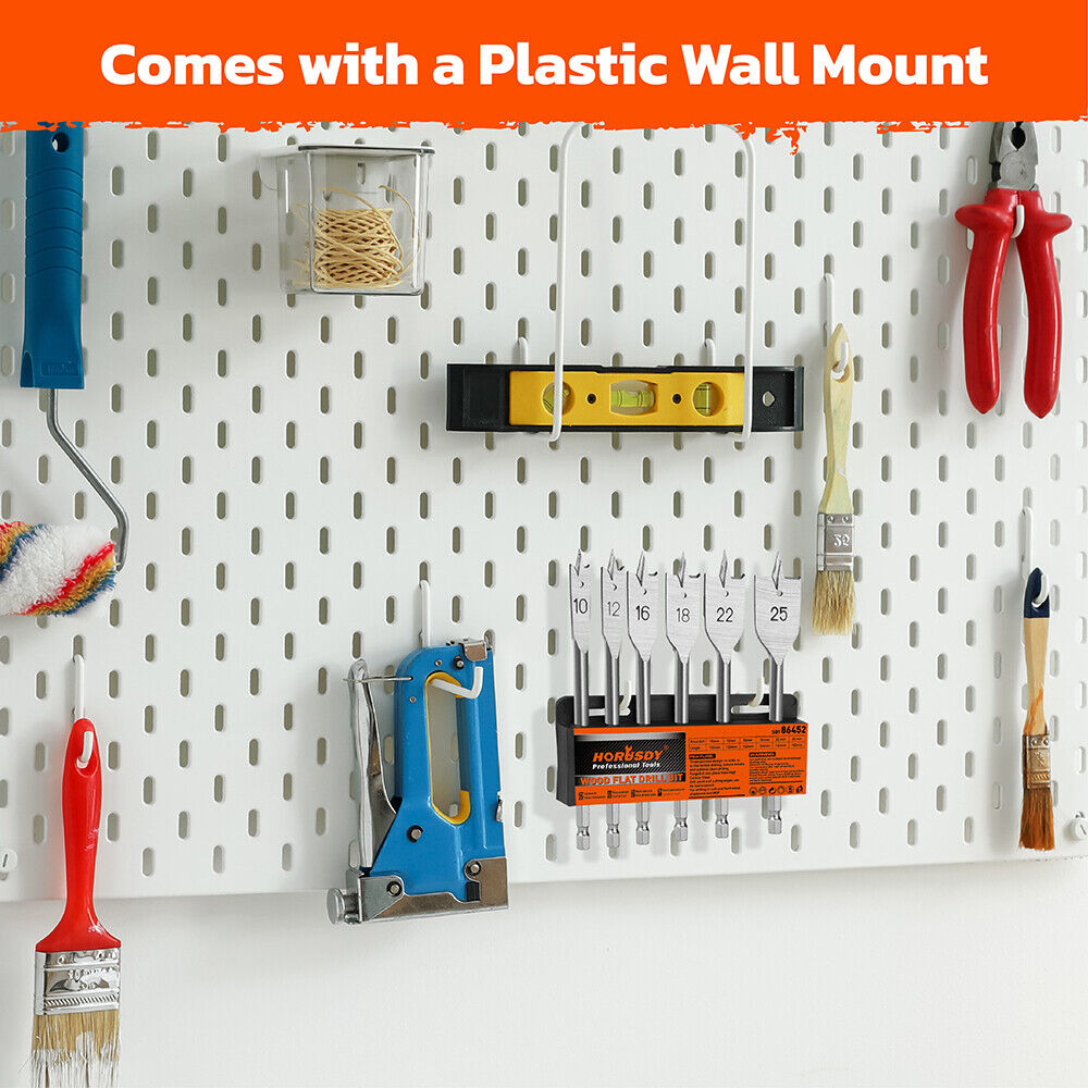 6-piece wood flat drill bit set with 1/4" hex shank for woodworking, featuring high-quality alloy steel and polished surface for fast drilling and chip removal.