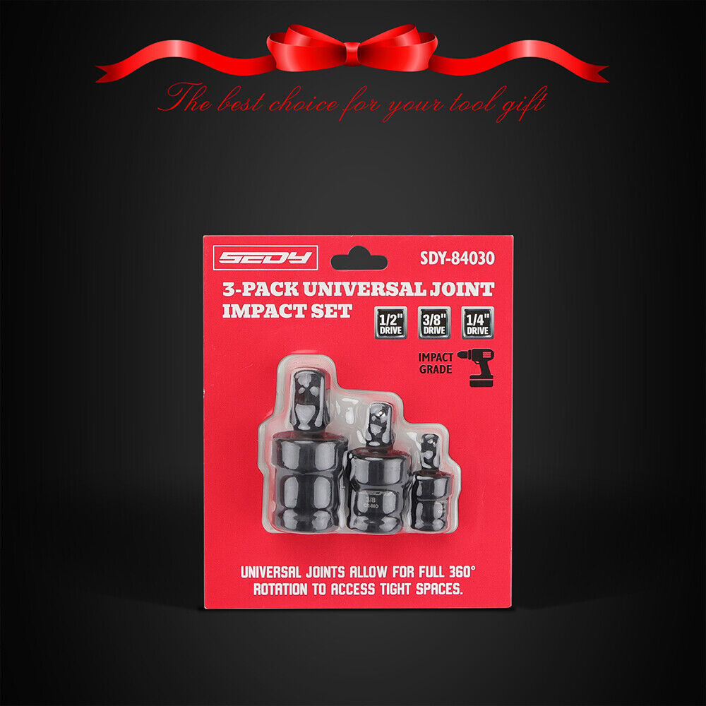 Sedy 3-piece impact universal joint socket set with 1/4", 3/8", and 1/2" drives, featuring Cr-Mo steel and 360-degree swivel for tight space access