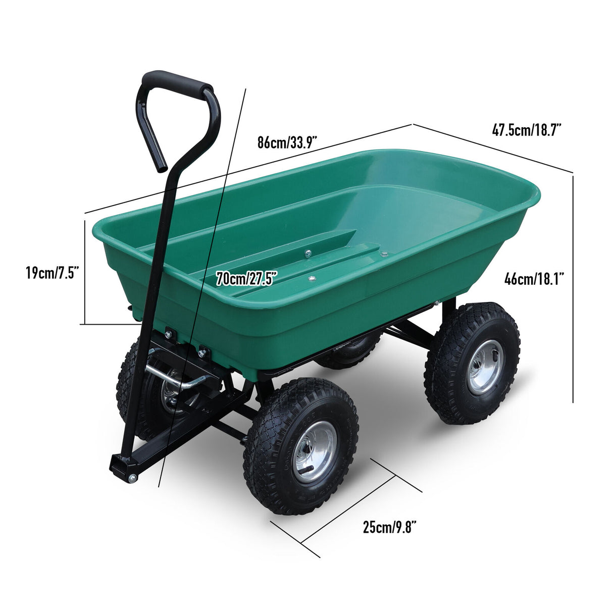 Sedy poly dump cart with a 135kg load capacity, featuring a heavy-duty frame, large pneumatic tyres, and easy tipping mechanism for garden and yard work.